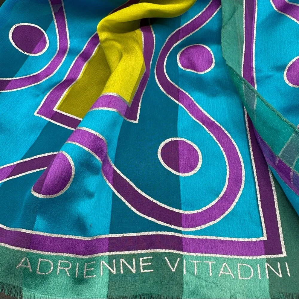 Adrienne Vittadini Silk Scarf – Teal, Purple & Chartreuse Abstract, 54